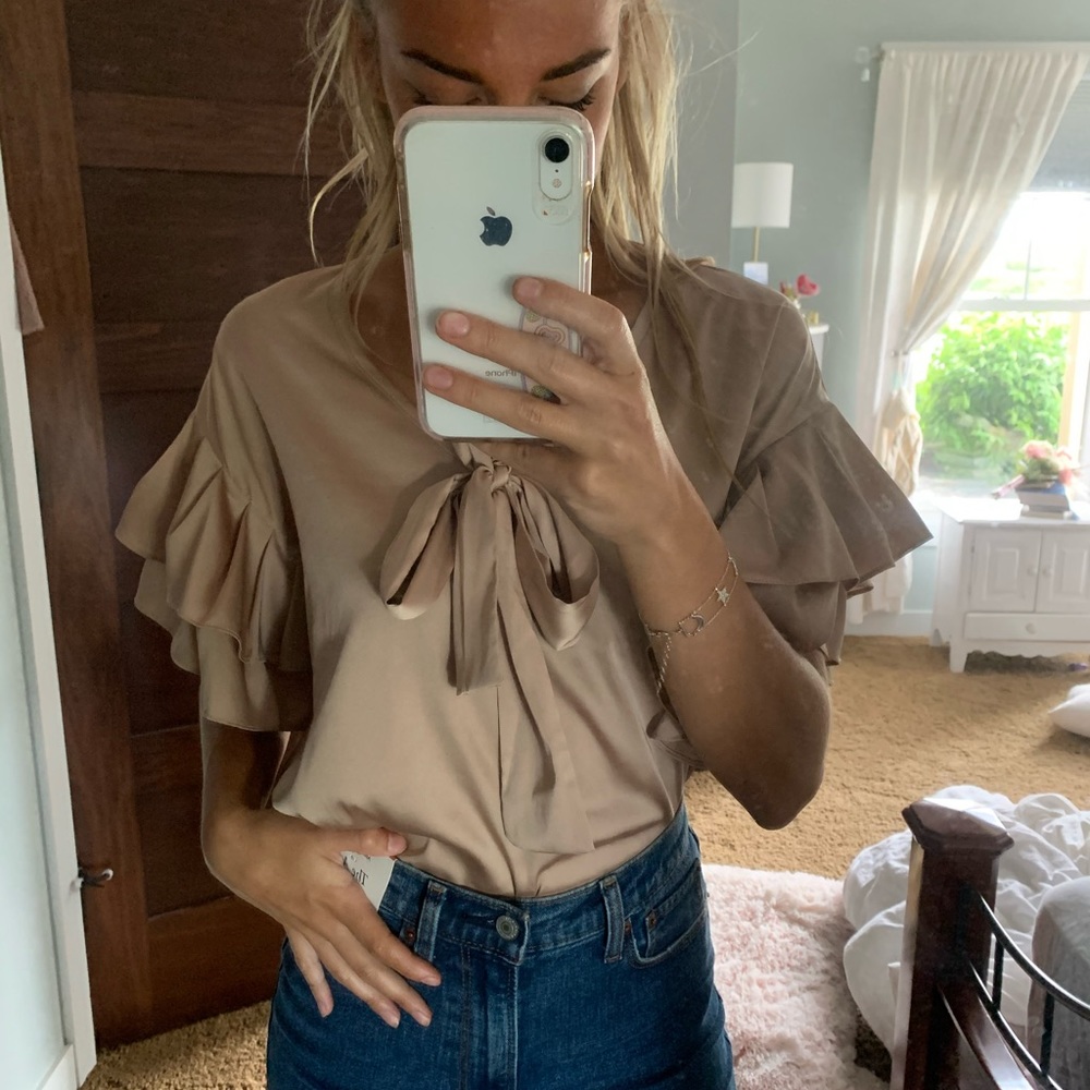 Silk ruffle tan top